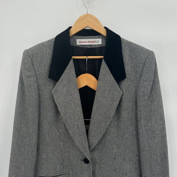 Vintage Evan Picone Houndstooth Skirt Suit Set Black Velvet Collar Womens 10 USA - Picture 2 of 14